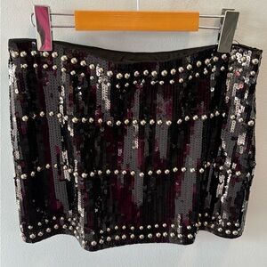 French Kiss Black Sequin Studded Mini Skirt Side Zipper Large Festival Concert
